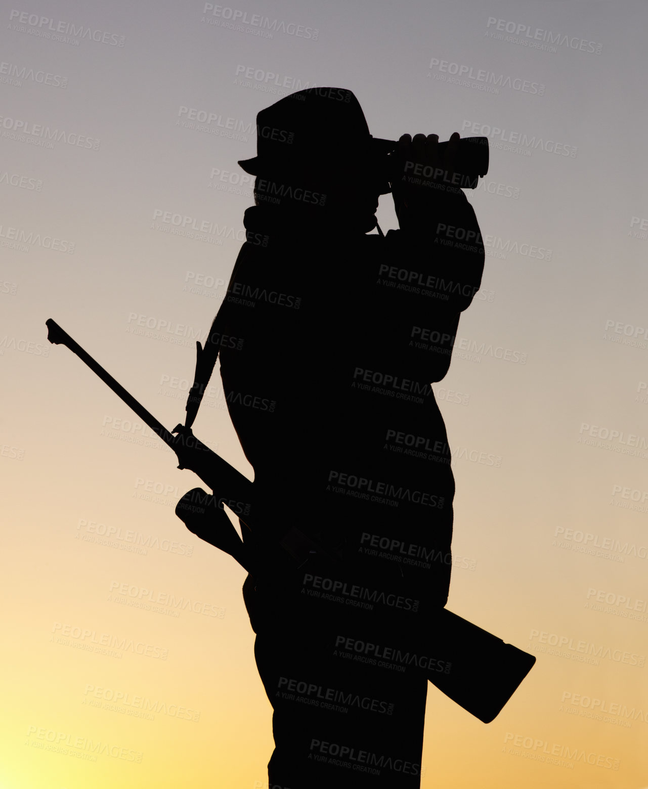 Buy stock photo Hunting at sunset, man with gun and binoculars in nature to hunt game for sport on safari adventure. Sky, silhouette and hunter with rifle, search and setting sun for shooting hobby on summer evening