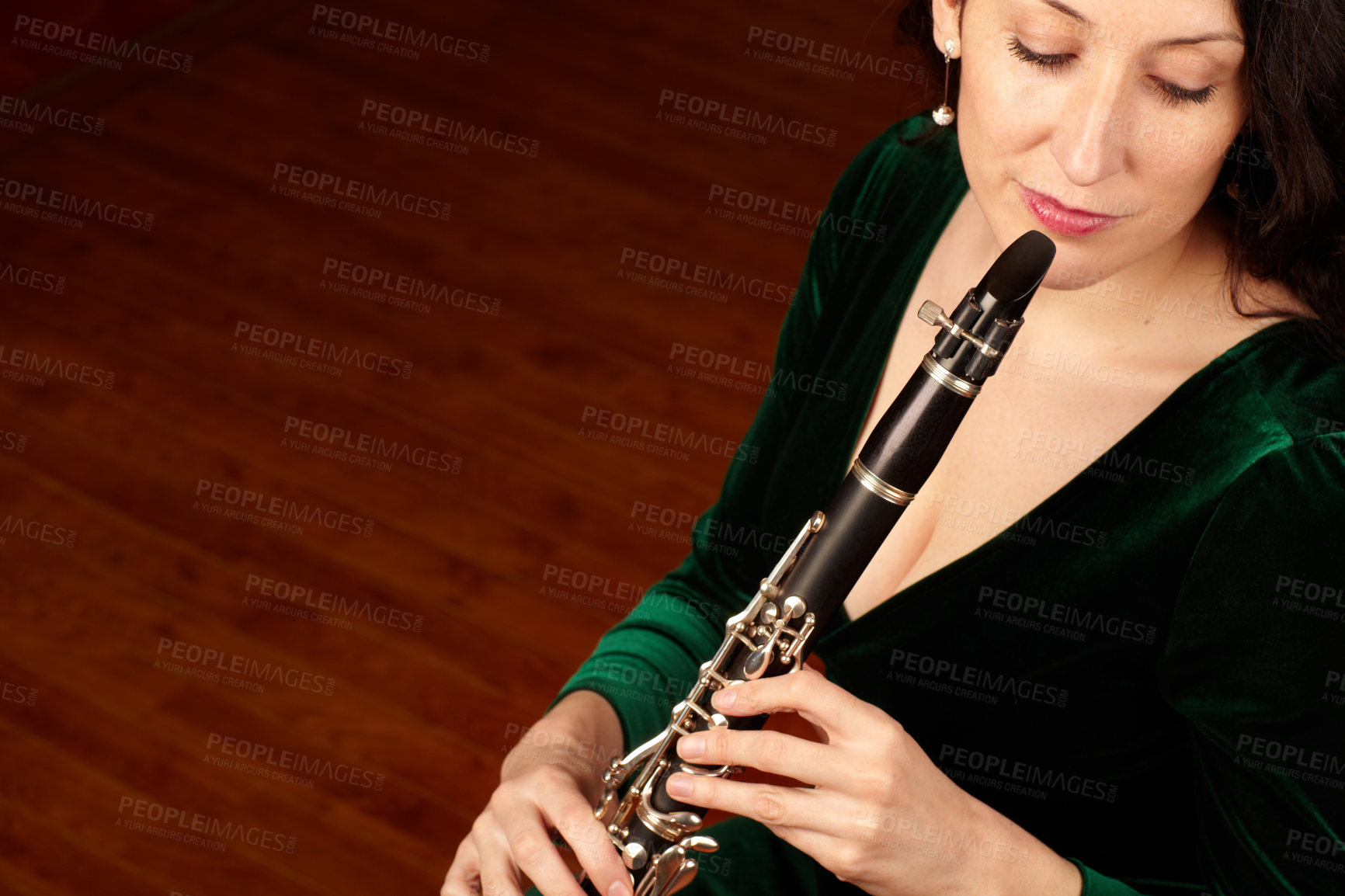 Buy stock photo Music, performance and woman with clarinet, mock up with orchestra musician and talent at classical show. Art, focus and mockup space, professional concert clarinetist with creativity and inspiration