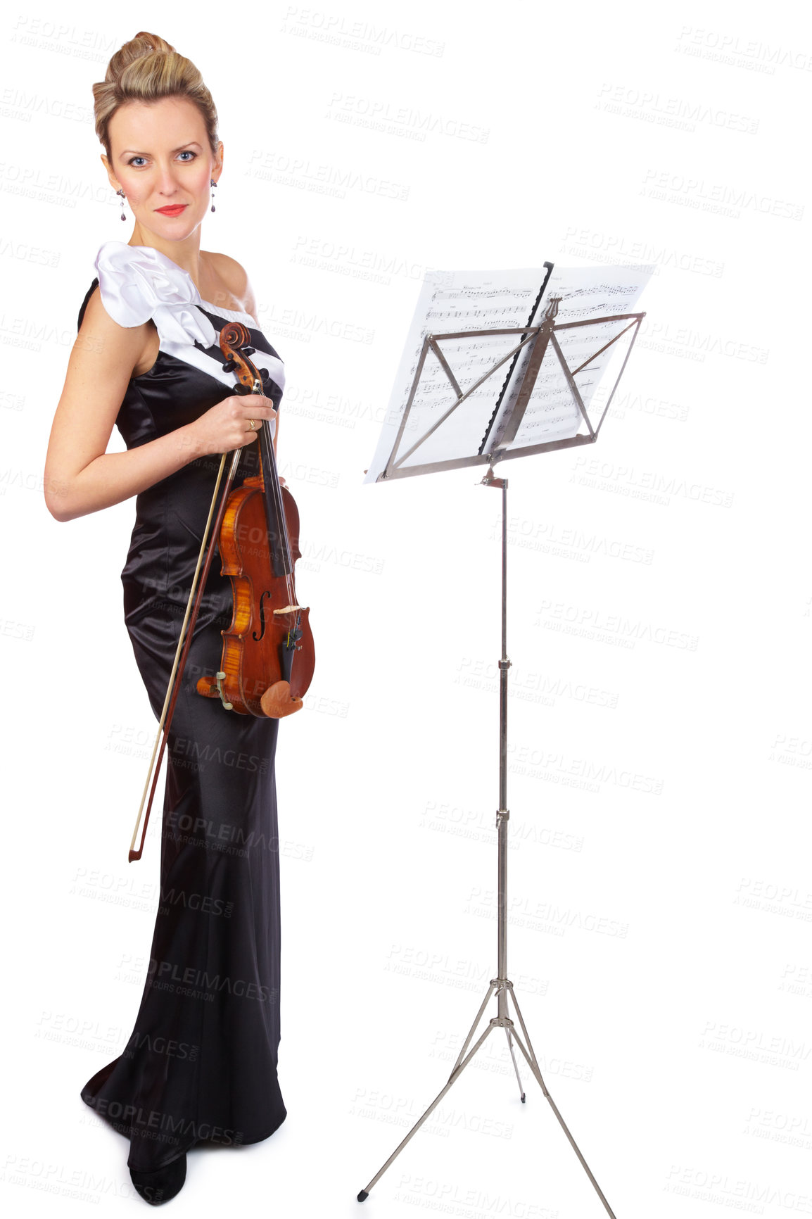 Buy stock photo Art, violin and portrait of woman in studio, professional orchestra musician on white background with sheet music. Creativity, classical performance and concert violinist holding instrument in dress.