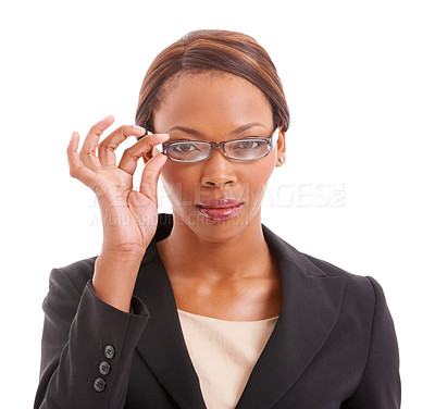 Buy stock photo Glasses, thinking and portrait of business black woman in studio for professional work, career and job. Corporate, focus and isolated person with confidence, pride and vision on white background