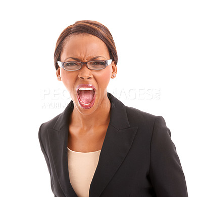 Buy stock photo Portrait, screaming and black woman with business, angry and employee isolated on a white studio background. Face, African person or worker with stress, frustrated and shouting with crisis or emotion