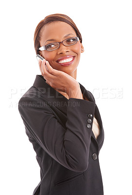 Buy stock photo Corporate, phone call and business black woman in studio for communication, networking or contact. Happy, professional and isolated person on cellphone for chat, talking and speak on white background