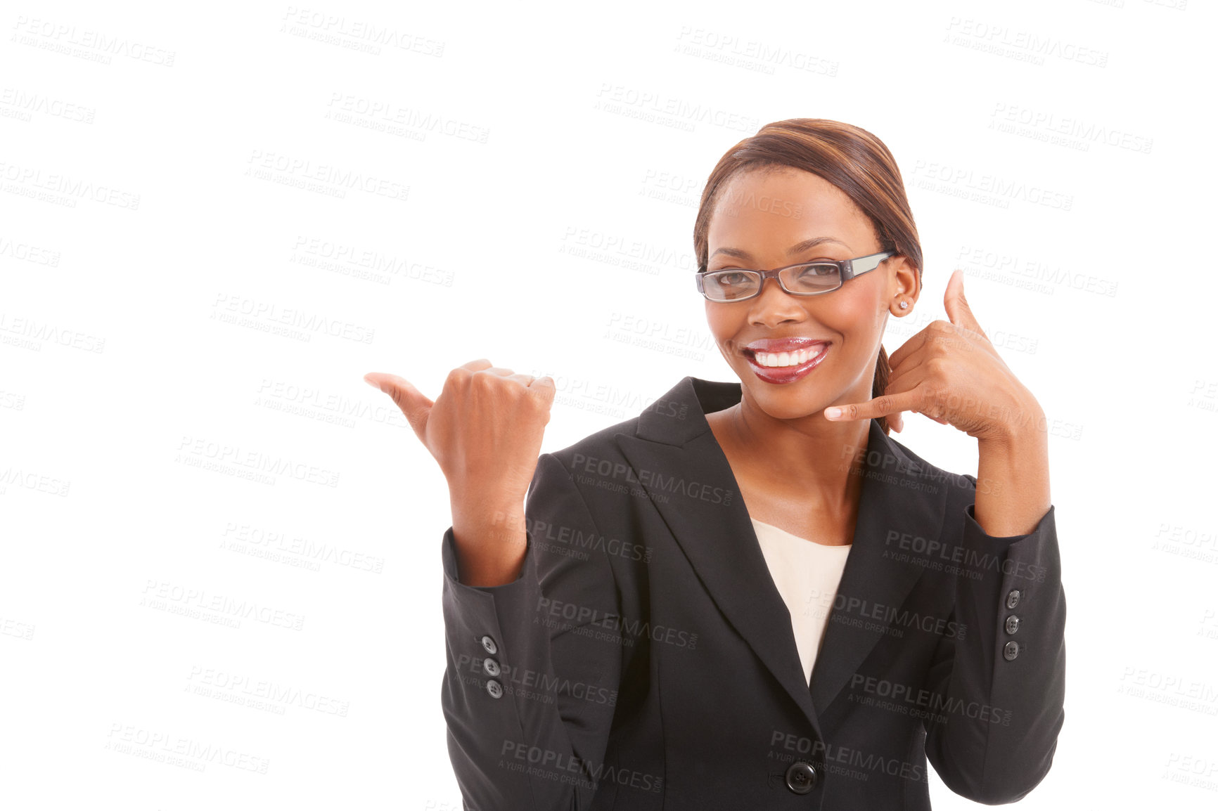 Buy stock photo Black business woman, call me sign and studio portrait with point, smile and review by white background. Thumbs up, agent and feedback with emoji, icon or choice for talk, opinion and mockup space