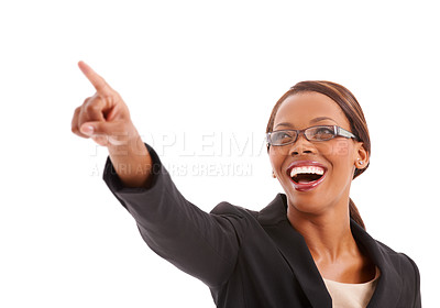 Buy stock photo Business, pointing and black woman with promotion, opportunity and employee isolated on white studio background. African person, worker or consultant with hand gesture, decision and choice with smile