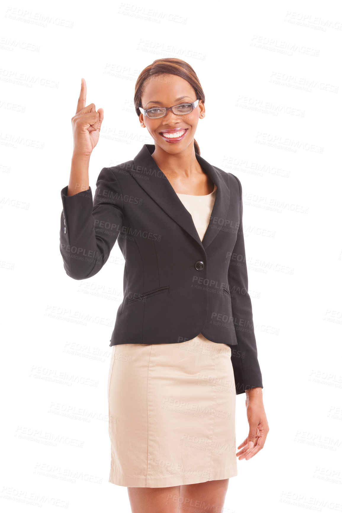 Buy stock photo Business, pointing up and black woman with opportunity, portrait and employee isolated on white studio background. African person, worker or agent with hand gesture, decision and promotion with smile