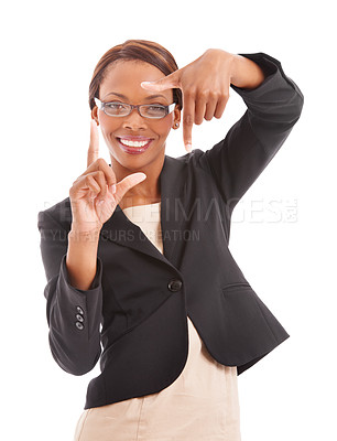 Buy stock photo Frame, hands and portrait of business black woman in studio for perspective, career and job. Professional, hand gesture and isolated person with confidence, pride and vision on white background
