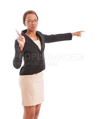 Buy stock photo Business, pointing and black woman with reject, serious and employee isolated on white studio background. African person, portrait or agent with hand gesture, angry or choice with warning, deny or no