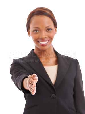 Buy stock photo Business woman, portrait and offer handshake for job interview, meeting or hiring agreement in recruitment. Professional African employer shaking hands or introduction in studio on a white background