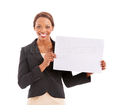 Buy stock photo Business woman, poster mockup and advertising space for presentation of job opportunity, news or information in studio. Portrait of african employee with human resources board on a white background