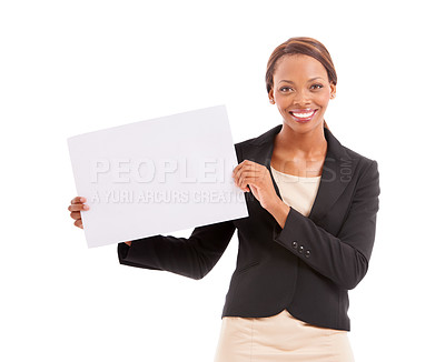 Buy stock photo Business woman, poster mockup and presentation for advertising an opportunity, news or announcement in studio. Portrait of a happy african employee with paper and space isolated on a white background