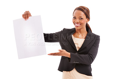 Buy stock photo Business woman, poster space and presentation for advertising an opportunity, news or information in studio. Portrait or face of african employee with paper and mockup isolated on a white background