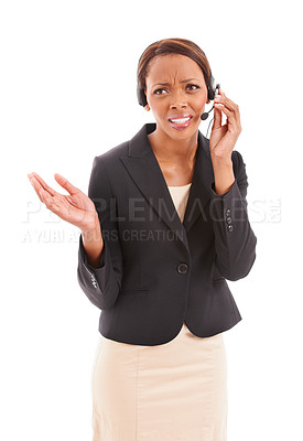 Buy stock photo Business woman, call center and confused for communication mistake or e commerce error in studio. African advisor, consultant or agent talk on headphones with stress or question on a white background
