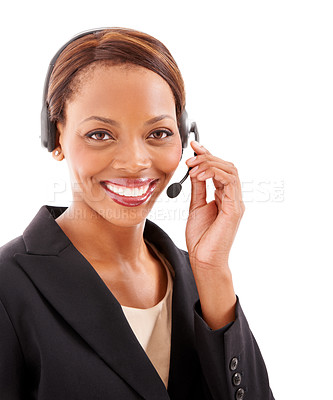 Buy stock photo Business woman, call center and portrait in communication, customer service or support on a white background. Happy face of african advisor, consultant or agent in headphones for contact us in studio