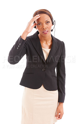 Buy stock photo Business woman, call center and stress or headache for communication mistake or e commerce error in studio. African advisor, consultant or agent thinking of sales fail or worry on a white background