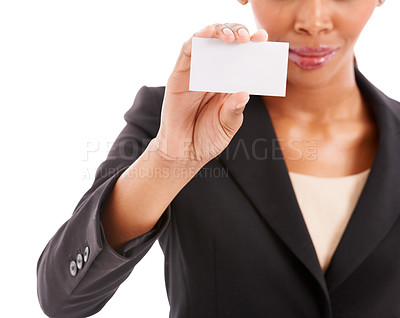 Buy stock photo Business card, mockup and woman with design space, contact information or career advertising in studio. Professional entrepreneur or hands with presentation or job opportunity on a white background