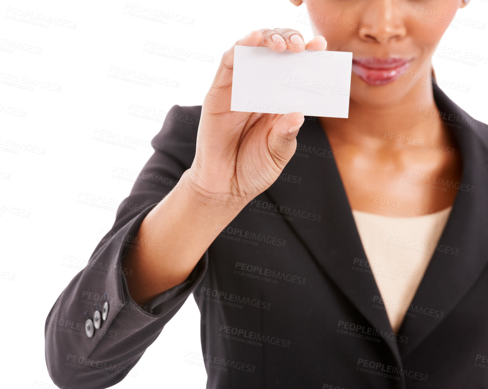 Buy stock photo Business card, mockup and woman with design space, contact information or career advertising in studio. Professional entrepreneur or hands with presentation or job opportunity on a white background