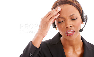 Buy stock photo A stressed ethnic corporate woman with a headset on