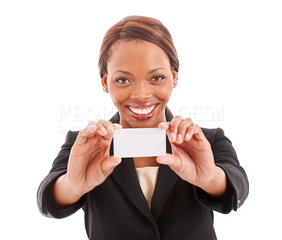 Buy stock photo Business card, space and woman in portrait with mockup, HR offer or career advertising in studio. Happy african worker or employee for presentation or contact information on a white background