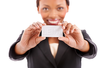 Buy stock photo Business card, face and woman in mockup or space for agent contact information or marketing in studio. Portrait of consultant or employee presentation for advice or help on a white background