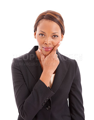 Buy stock photo Thinking, idea and portrait of business black woman in studio for professional work, career and job. Corporate, hand gesture and isolated person with confidence, pride and wonder on white background