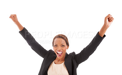 Buy stock photo Business woman, winner and portrait for celebration, success or freedom with bonus, financial news or winning in studio. Yes of excited african worker with wow and achievement on a white background