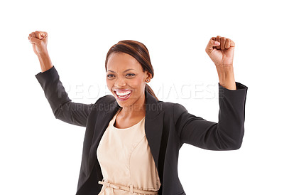 Buy stock photo Happy black woman, fist pump and celebration for winning or business success against a white studio background. Excited African female person or employee smile for achievement, bonus or promotion