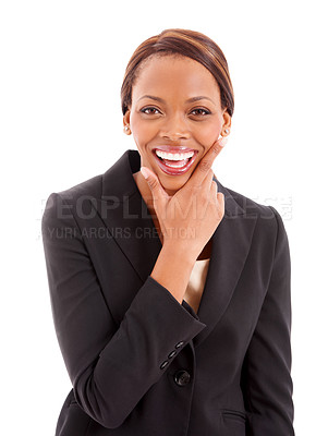 Buy stock photo Thinking, happy and portrait of business black woman in studio for professional work, career and job. Corporate, hand gesture and isolated person with confidence, pride and ideas on white background