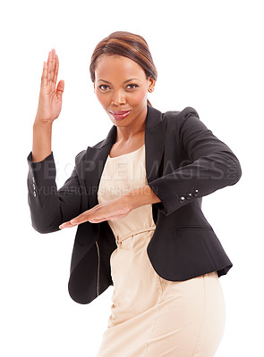 Buy stock photo Portrait, business and black woman with karate, fighting and empowerment isolated on white studio background. Face, African person or model with defence, skills or employee with professional or agent