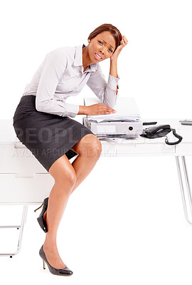Buy stock photo Portrait, business and black woman with stress, tired or workflow crisis isolated on white studio background. African person, face or agent with fatigue, overwhelmed or burnout with deadline or audit