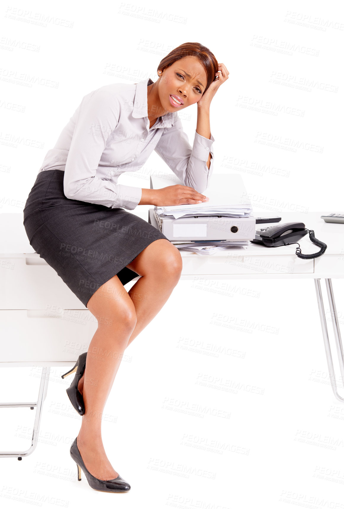 Buy stock photo Portrait, business and black woman with stress, tired or workflow crisis isolated on white studio background. African person, face or agent with fatigue, overwhelmed or burnout with deadline or audit