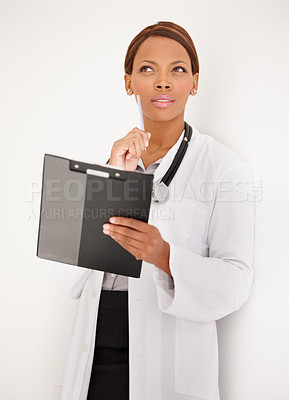 Buy stock photo Woman, doctor thinking and clinic folder for healthcare schedule, management or results with solution and ideas. African person reading of medical checklist, clipboard or charts on a wall background