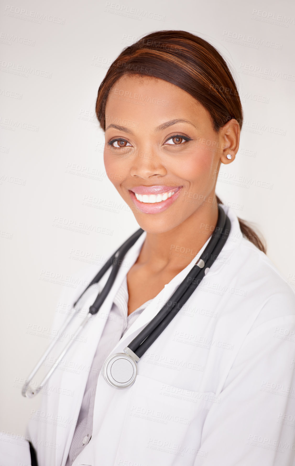 Buy stock photo Happy black woman, portrait and professional doctor smile in healthcare expert against a studio background. Face of African female person, surgeon or medical consultant in clinic, health and wellness