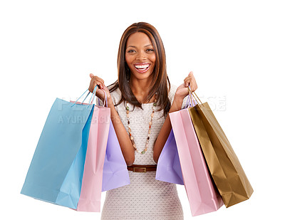 Buy stock photo Excited woman, portrait and shopping bag for discount, sale and retail giveaway in commerce on a white background. Fashion winner, customer or happy african person with gift or winning deal in studio