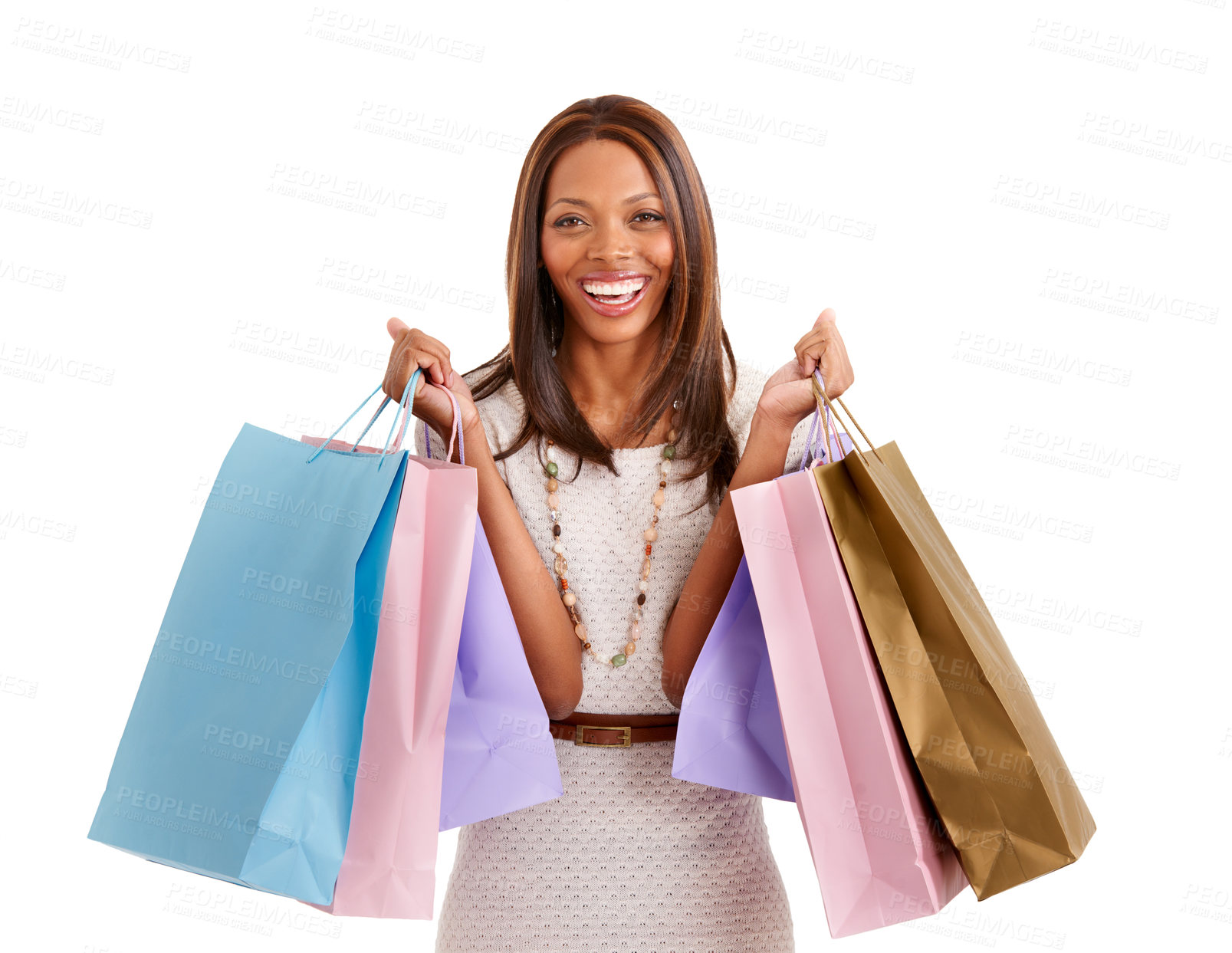 Buy stock photo Excited woman, portrait and shopping bag for discount, sale and retail giveaway in commerce on a white background. Fashion winner, customer or happy african person with gift or winning deal in studio