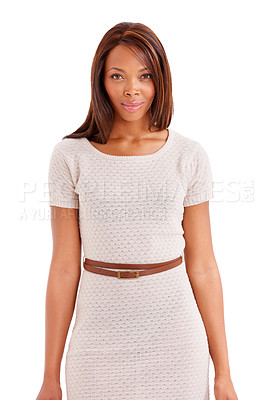 Buy stock photo Portrait, black woman and business with employee, fashion and agent isolated on studio white background. Face, African person and model with stylish clothes, formal and consultant with mockup space