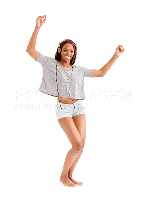 Buy stock photo Happy black woman, portrait and dancing to music on headphones isolated against a white studio background. African female person smile with headset, listening or enjoying audio streaming or podcast