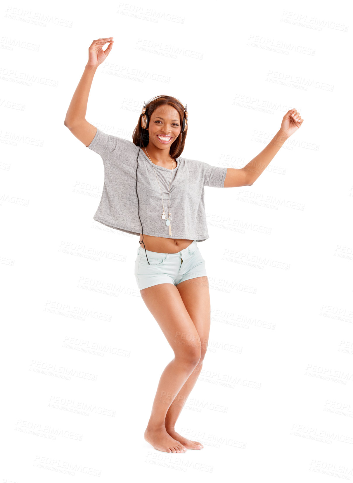 Buy stock photo Happy black woman, portrait and dancing to music on headphones isolated against a white studio background. African female person smile with headset, listening or enjoying audio streaming or podcast