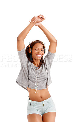 Buy stock photo Happy black woman, relax and dancing to music on headphones isolated against a white studio background. African female person smile with headset, listening or enjoying audio streaming or podcast