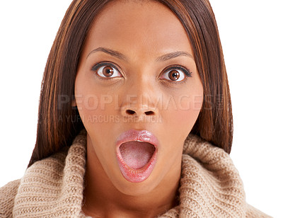 Buy stock photo Portrait, gossip and black woman with surprise, wow and news isolated on white studio background. African person, girl and model with emoji, shocked and announcement with reaction, secret and omg