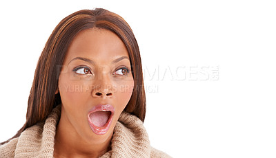 Buy stock photo Wow, gossip and black woman with surprise, announcement and news isolated on white studio background. African person, girl or model with emoji, shock or reaction with mockup space, omg and expression