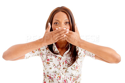 Buy stock photo Portrait, gossip and black woman with surprise, cover mouth and news isolated on white studio background. African person, girl or model with emoji, shock or announcement with mockup space, omg or wow
