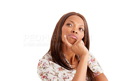 Buy stock photo Thinking, black woman and ideas with solution, problem solving and model isolated on white studio background. African person, opportunity and girl with planning, decision and choice with mockup space