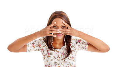 Buy stock photo Cover face, black woman and hiding with hands, eyes peak and announcement isolated on a white studio background. African person, girl and model with portrait, shy and secret with emoji and expression