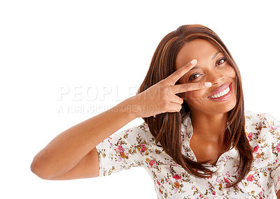 Buy stock photo Portrait, smile and black woman with peace, sign and emoji isolated on a white studio background. Face, African person and model with hand gesture, support and feedback with review, v symbol and joy