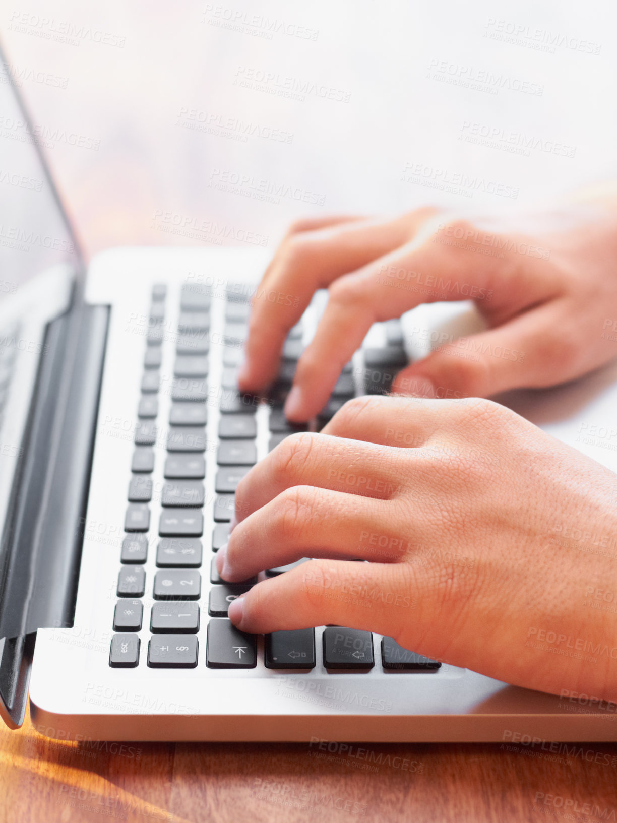 Buy stock photo Laptop, typing and hands of business man at desk for research, website and communication. Technology, internet and email with closeup of male employee at computer for planning, digital and networking