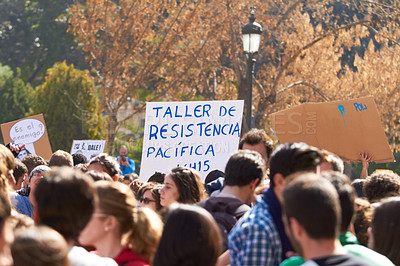 Buy stock photo Human rights, protest and crowd with poster for freedom, peace and students in Spain for justice. College, campus and group of people with power for action and sign to fight for change in education