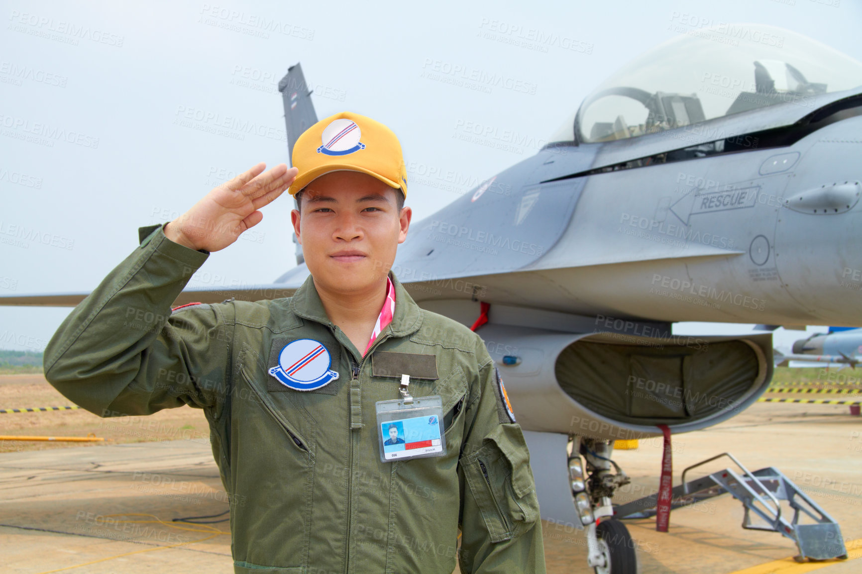 Buy stock photo A shot of a confident asian fighter pilot