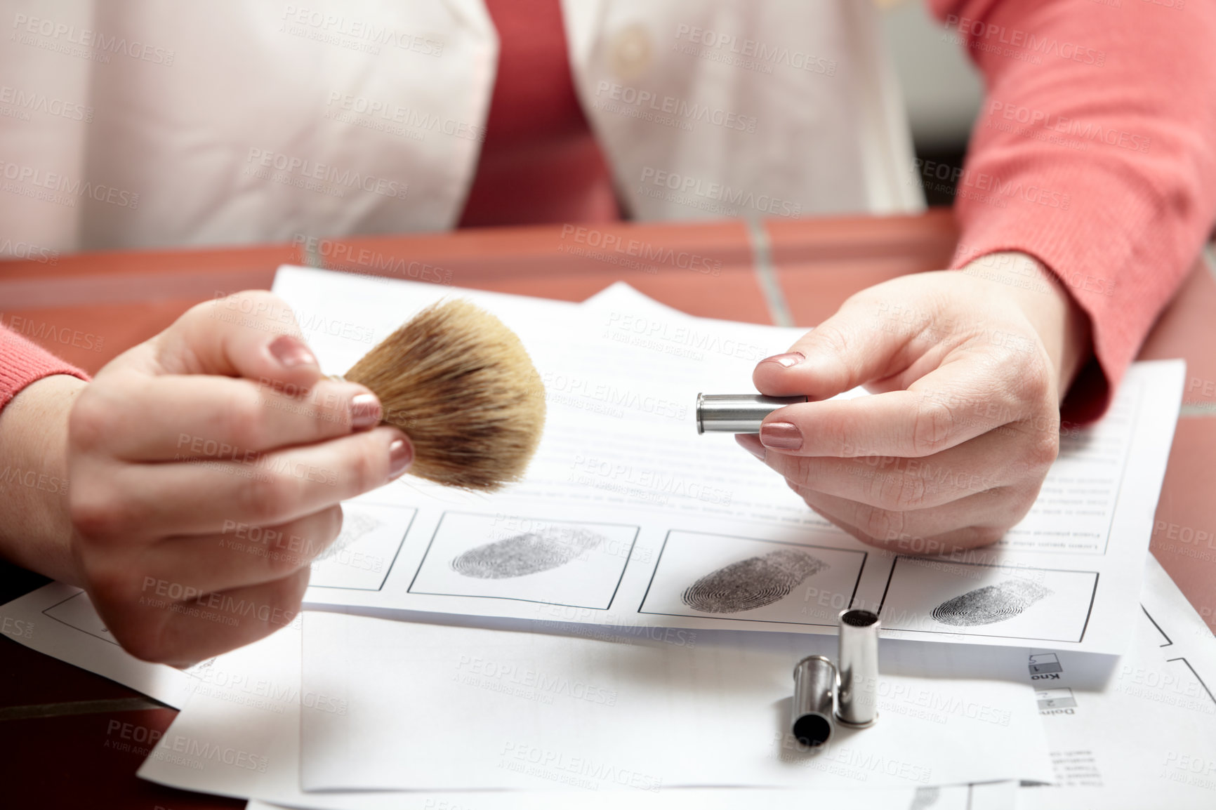 Buy stock photo Forensic scientist, hand and bullet investigation for finger print, dna and research with brush. Test, professional and investigator on a crime scene with gun shell and lab work for detective case