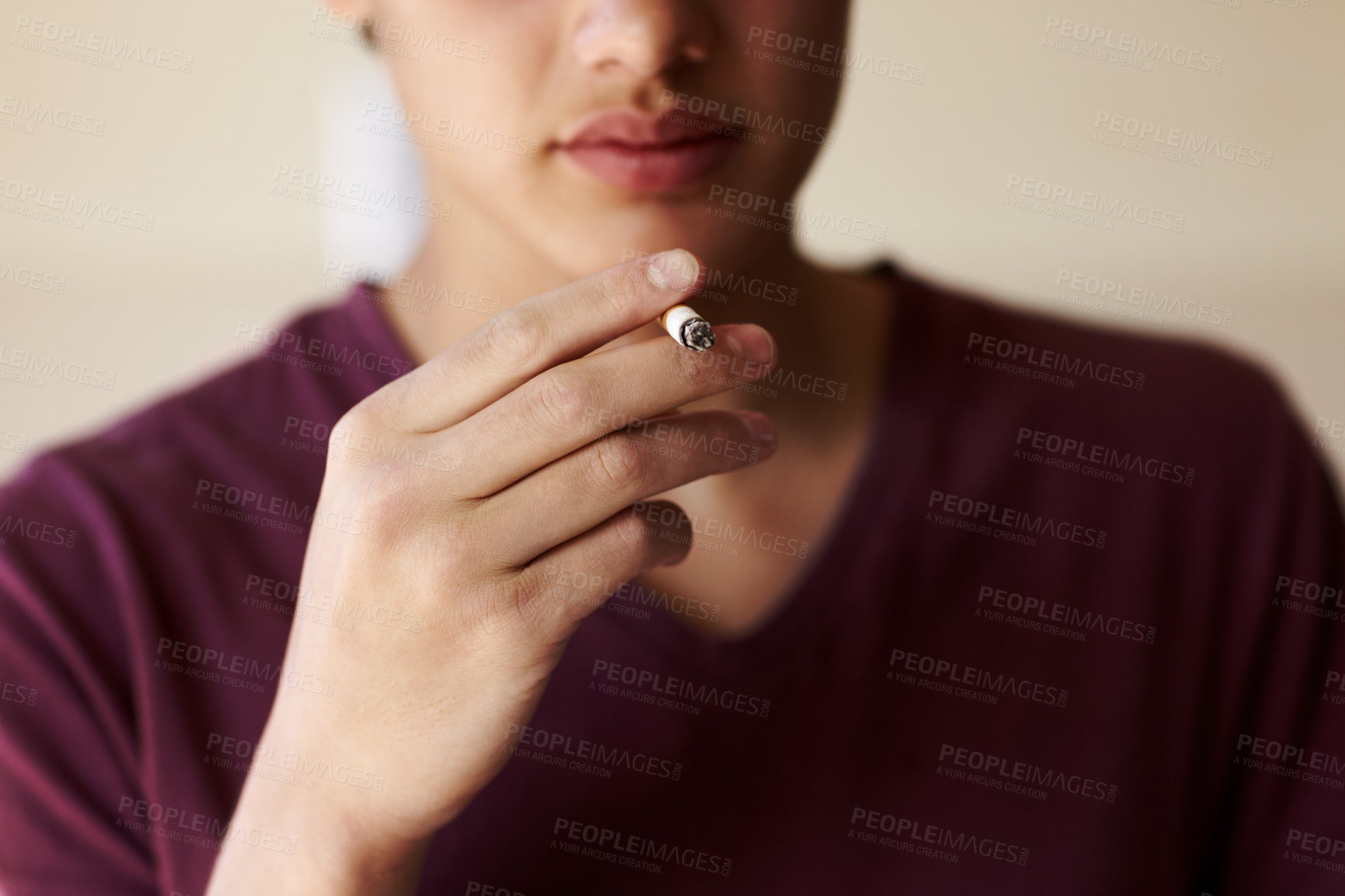 Buy stock photo Man, hand and cigarette closeup for smoking teen or unhealthy habit, dangerous or addiction. Male person, fingers and tobacco drag vice for stress management for lungs pain, bad problem of cancer