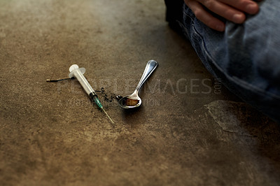 Buy stock photo Person, syringe as drugs on spoon liquid closeup as high substance, illegal addiction or abuse. Meth, narcotic or danger vice problem injection for junkie bad habit, stress relief from mental health